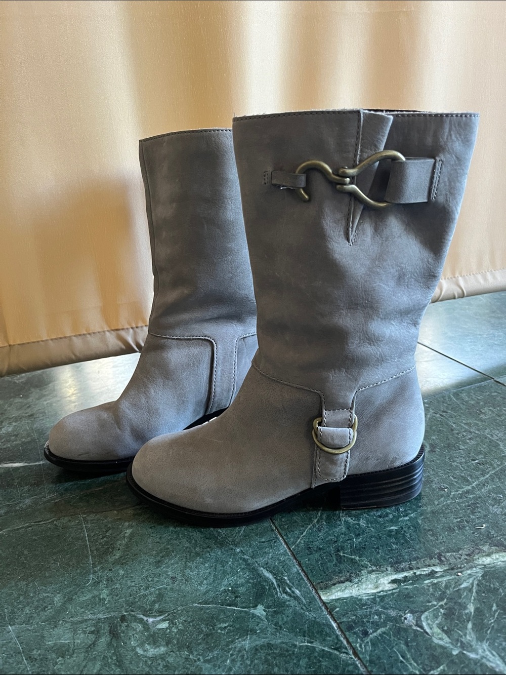 Cole Haan Gray Suede Mid-Calf Buckle Boots